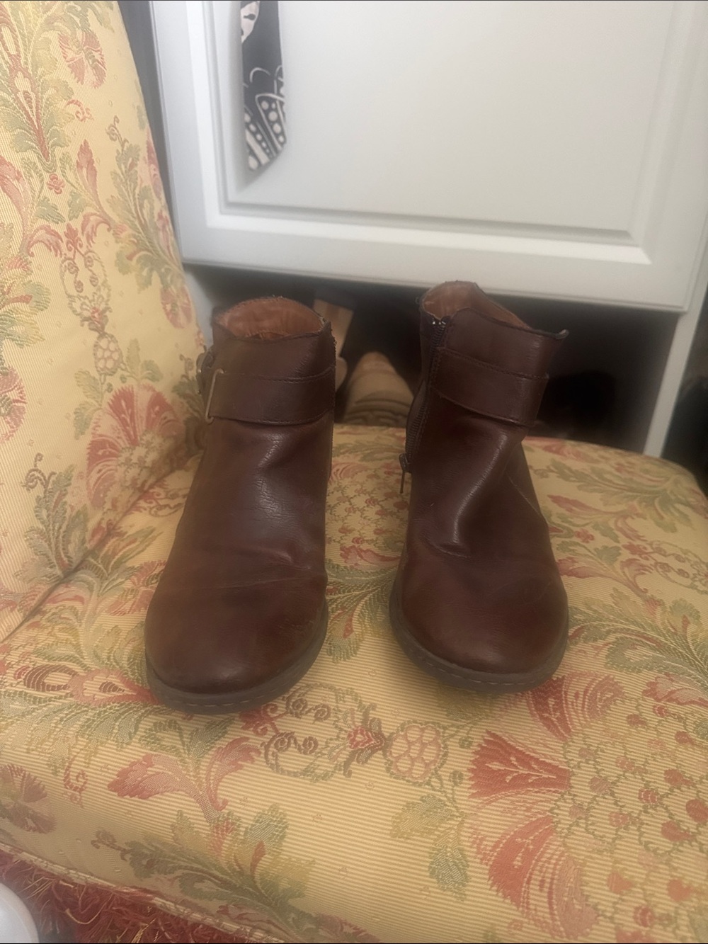 boc Brown Leather Ankle Booties with Side Zip & Strap